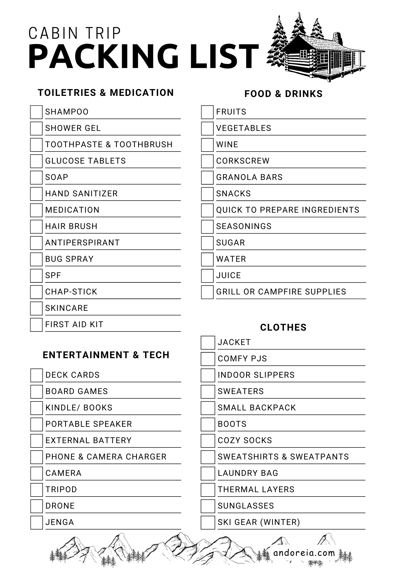 Downloadable cabin trip packing list