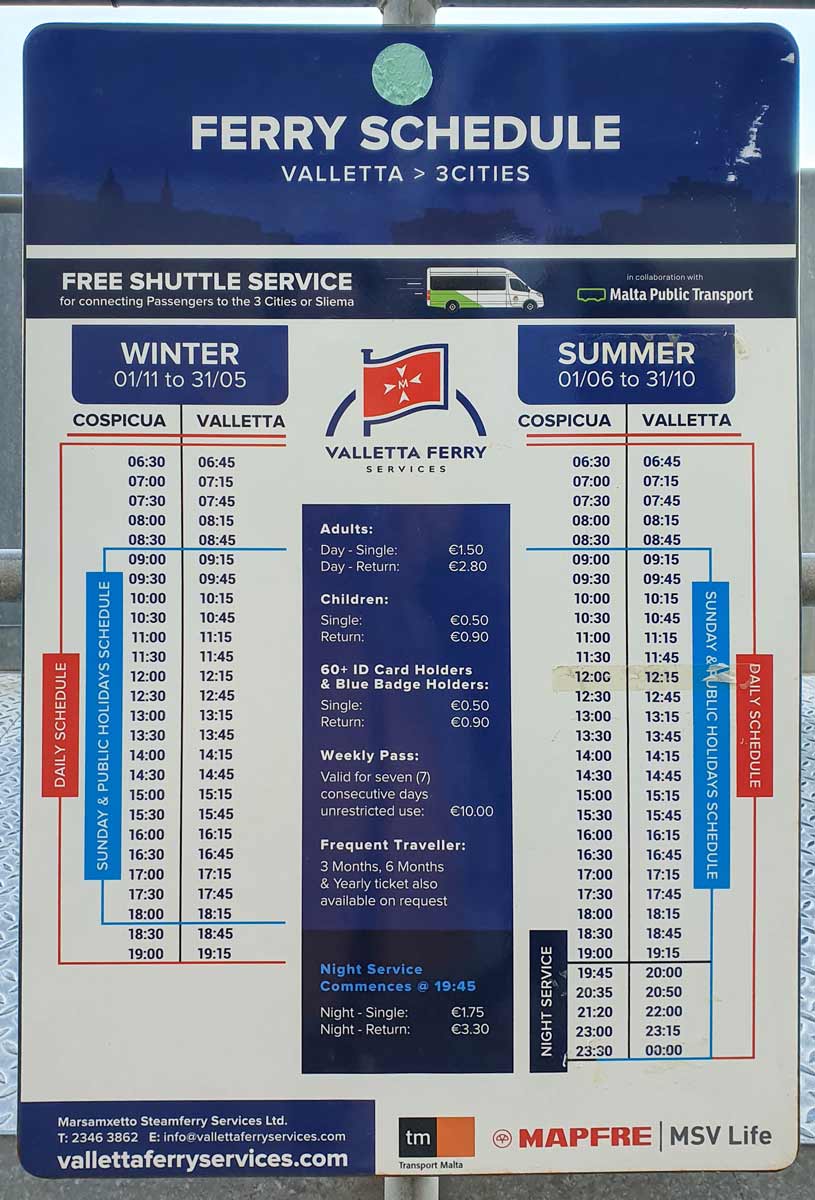 Three cities ferry schedule from Valletta