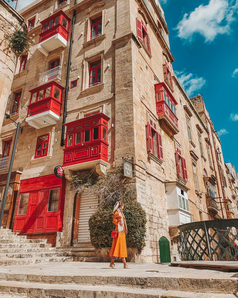 Buildings with Red Maltese balconies in Valletta, the capital of Malta