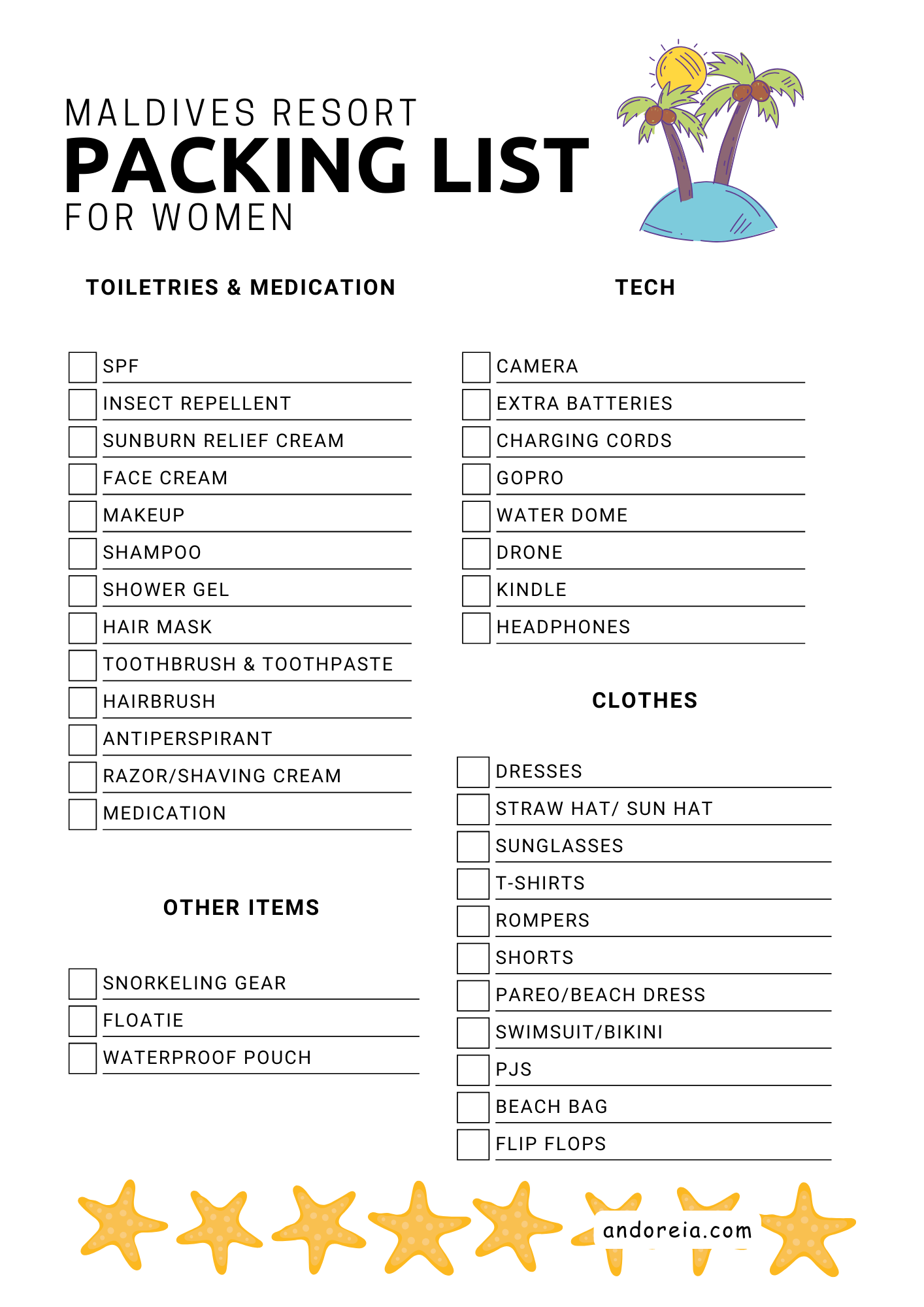 Maldives Resort Packing List for Women (Downloadable PNG)