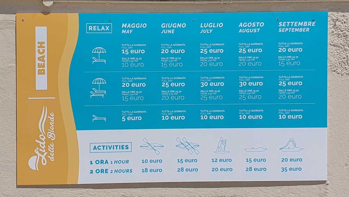 Lido delle Bionde beach prices