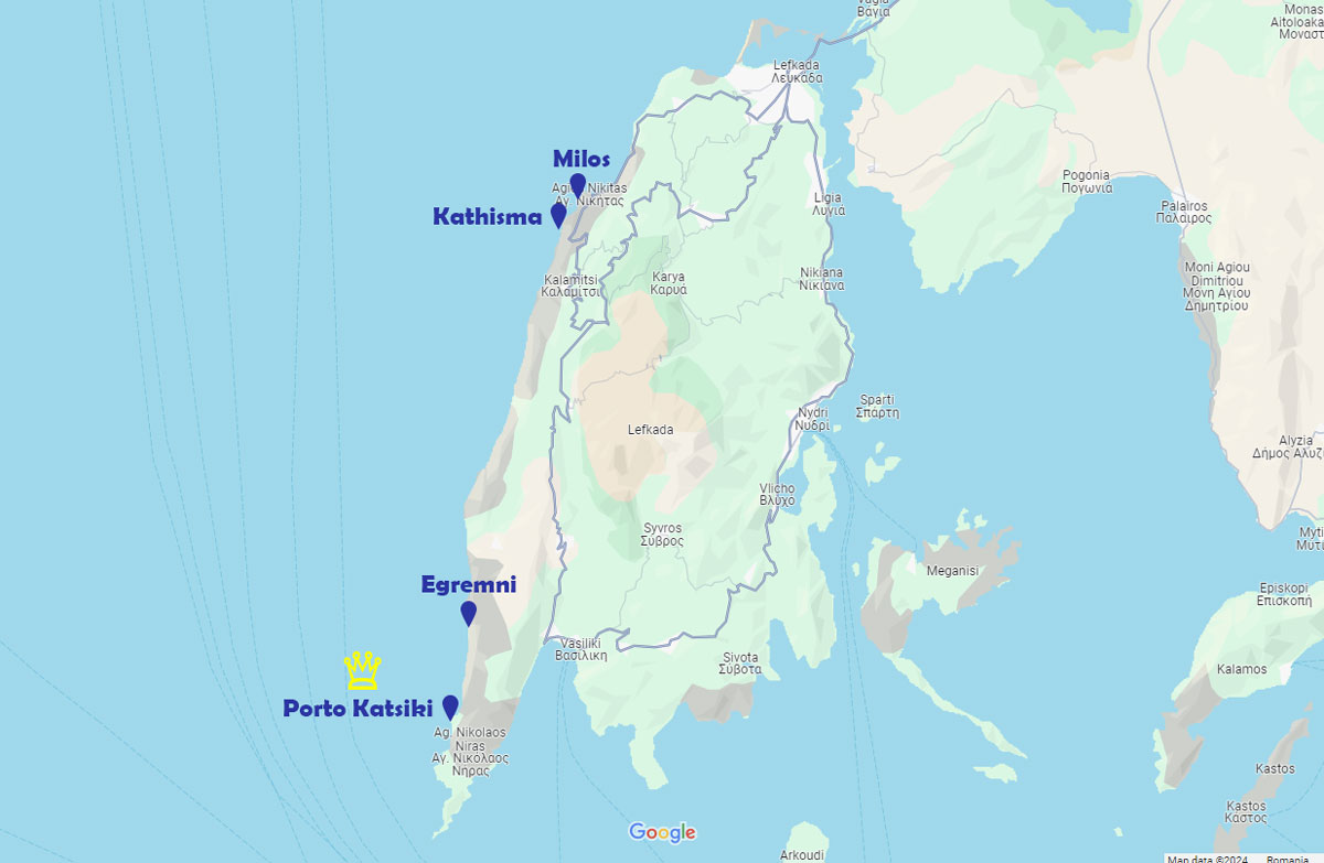 Map with the best beaches in Lefkada