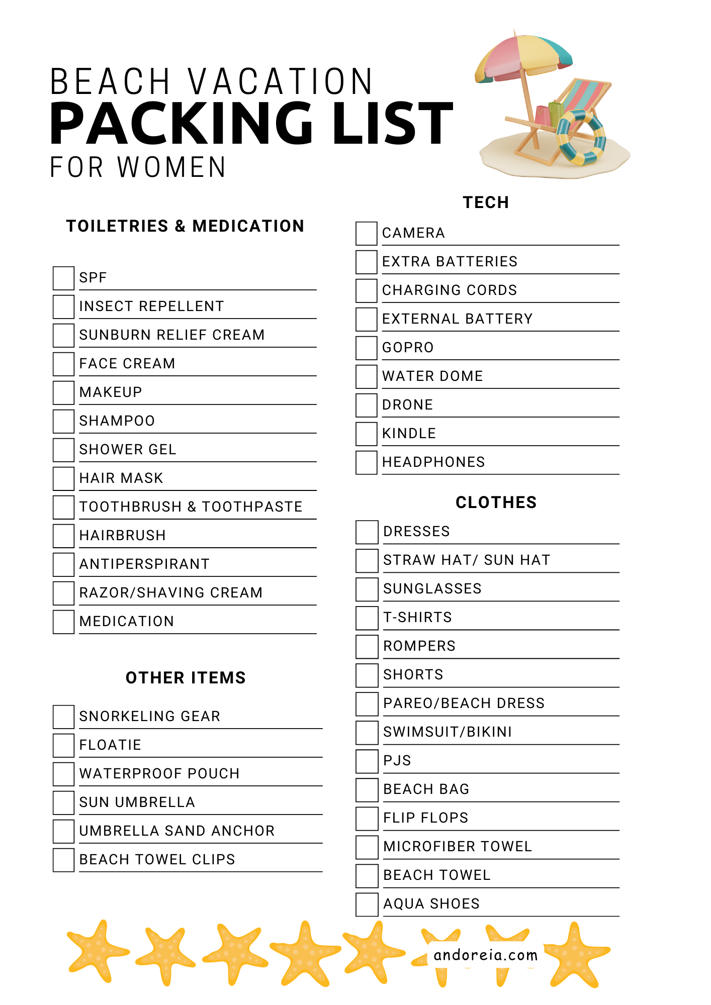 Beach vacation Packing List for Women (Downloadable PNG)